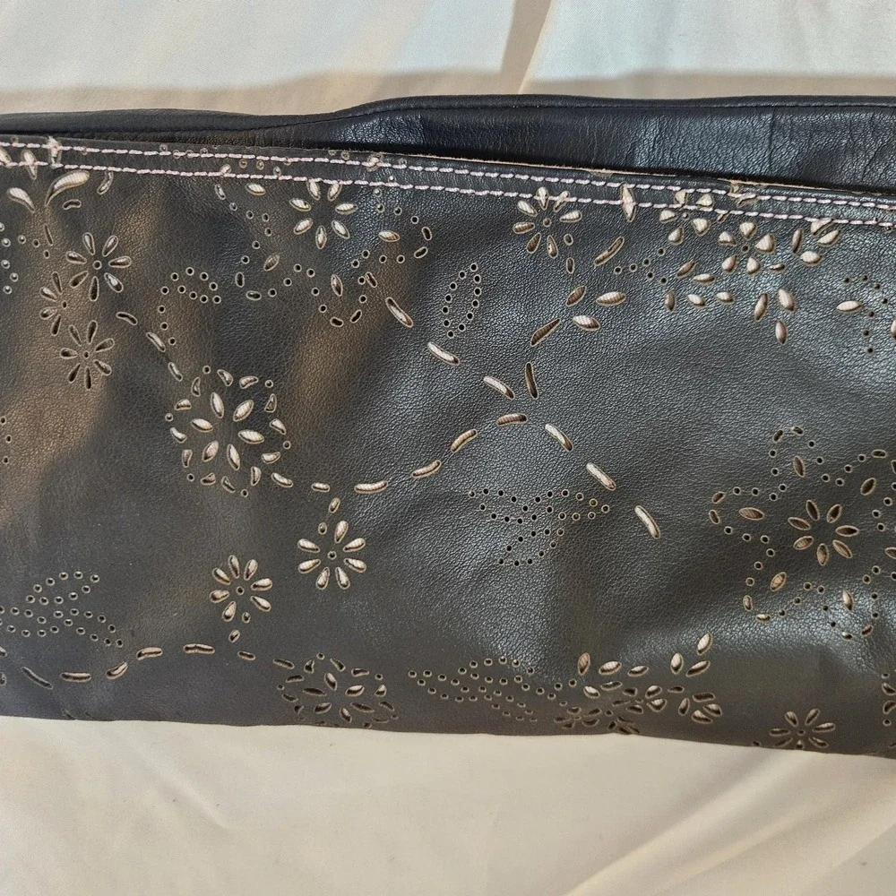 Sigrid Olsen Black Leather Floral Laser Cut Perforated Foldover Clutch Shoulder
